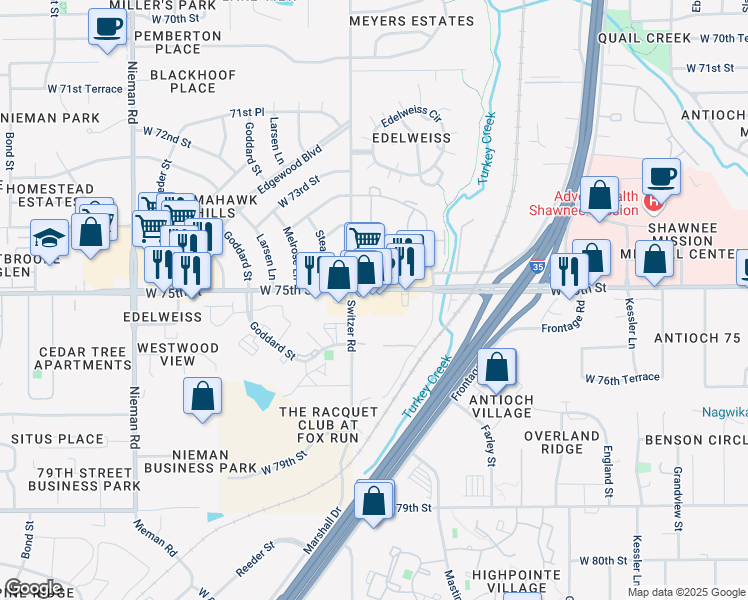 map of restaurants, bars, coffee shops, grocery stores, and more near 10211 West 75th Street in Overland Park