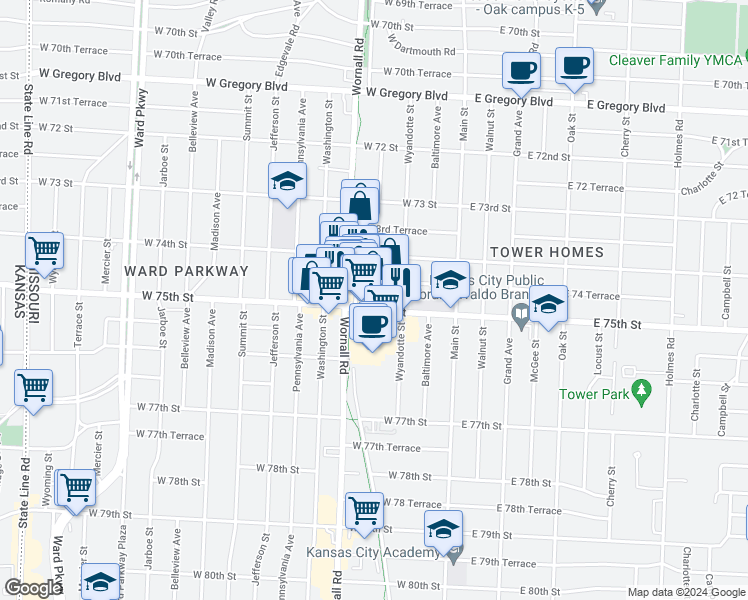 map of restaurants, bars, coffee shops, grocery stores, and more near 222 West 75th Street in Kansas City