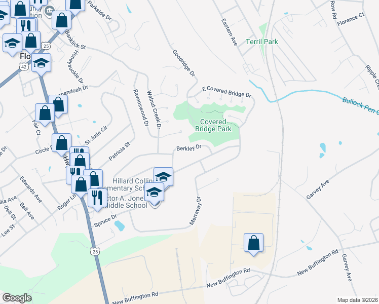 map of restaurants, bars, coffee shops, grocery stores, and more near 120 Berkley Drive in Florence