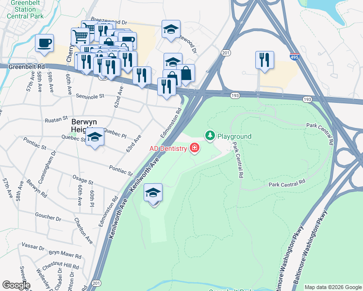 map of restaurants, bars, coffee shops, grocery stores, and more near 6216 Westchester Park Drive in College Park