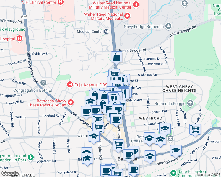 map of restaurants, bars, coffee shops, grocery stores, and more near 8302 Woodmont Avenue in Bethesda