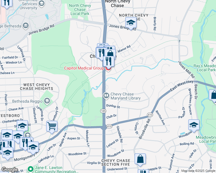 map of restaurants, bars, coffee shops, grocery stores, and more near 8101 Connecticut Avenue in Chevy Chase