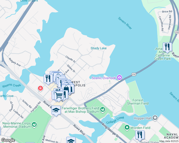 map of restaurants, bars, coffee shops, grocery stores, and more near 220 Norwood Road in Annapolis