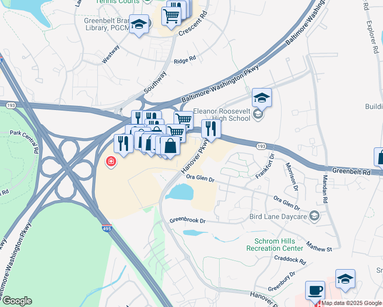 map of restaurants, bars, coffee shops, grocery stores, and more near 7500 Hanover Parkway in Greenbelt