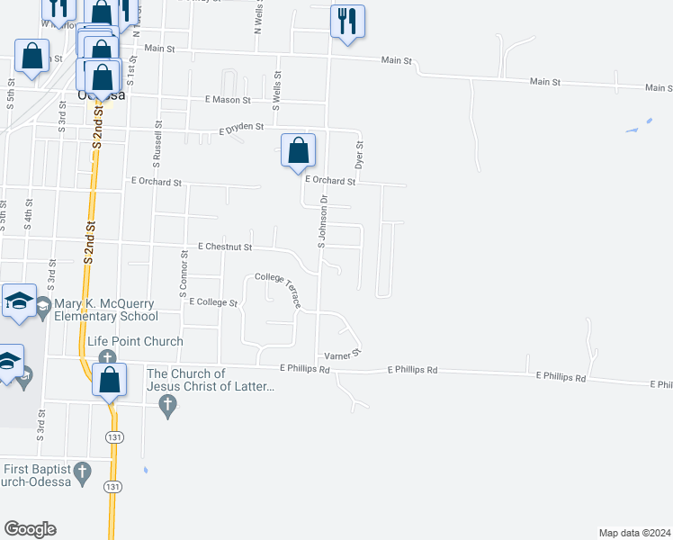 map of restaurants, bars, coffee shops, grocery stores, and more near 516 South Johnson Drive in Odessa