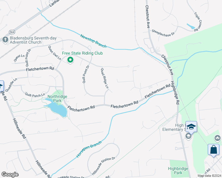 map of restaurants, bars, coffee shops, grocery stores, and more near 7407 Quail Ridge Lane in Bowie