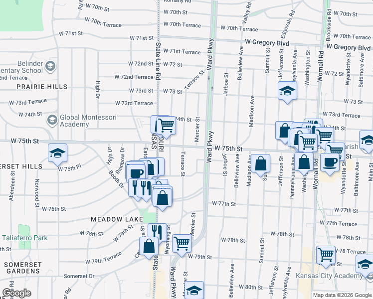 map of restaurants, bars, coffee shops, grocery stores, and more near 1229 West 75th Street in Kansas City