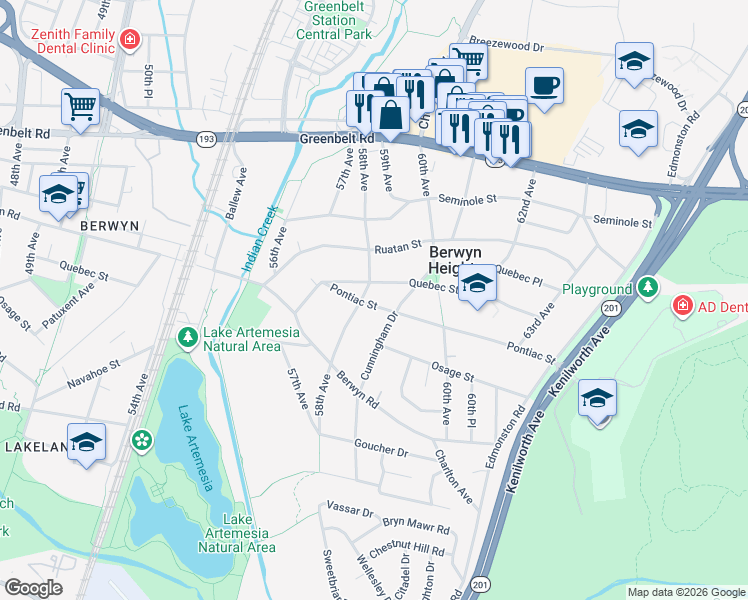 map of restaurants, bars, coffee shops, grocery stores, and more near 5802 Pontiac Street in Berwyn Heights