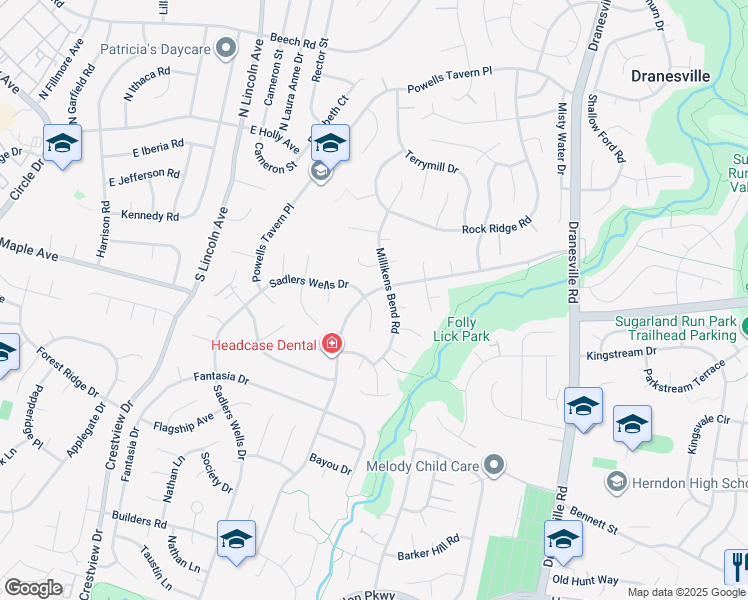 map of restaurants, bars, coffee shops, grocery stores, and more near 1414 Sadlers Wells Drive in Herndon