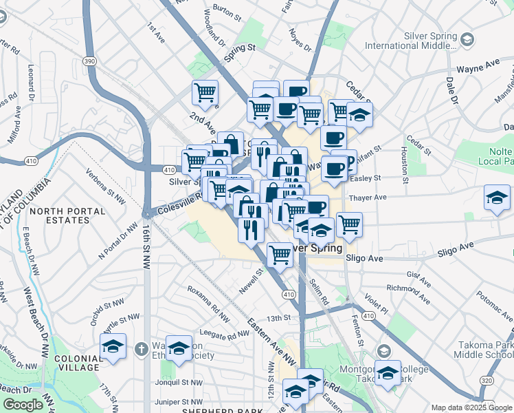 map of restaurants, bars, coffee shops, grocery stores, and more near 1055 Ripley Street in Silver Spring
