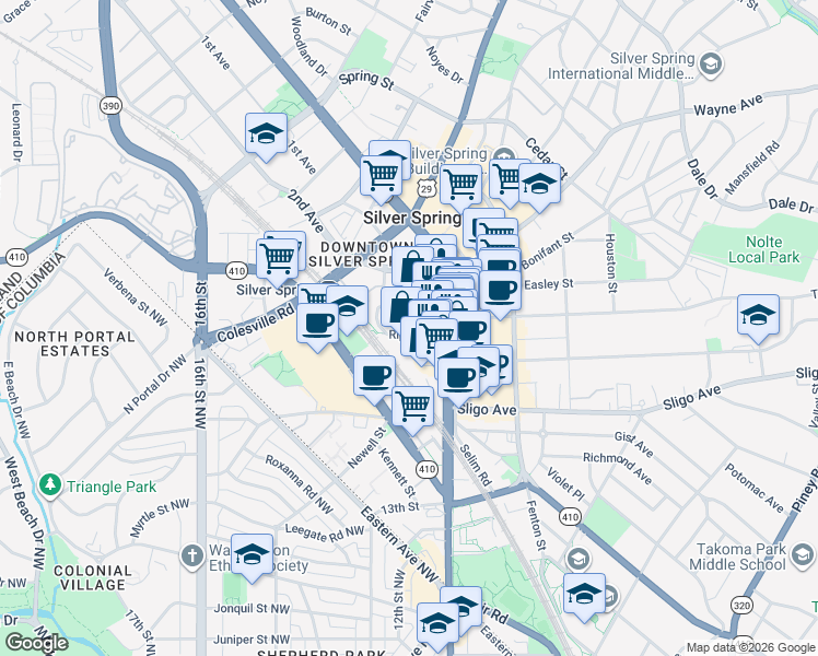 map of restaurants, bars, coffee shops, grocery stores, and more near 1155 Ripley Street in Silver Spring