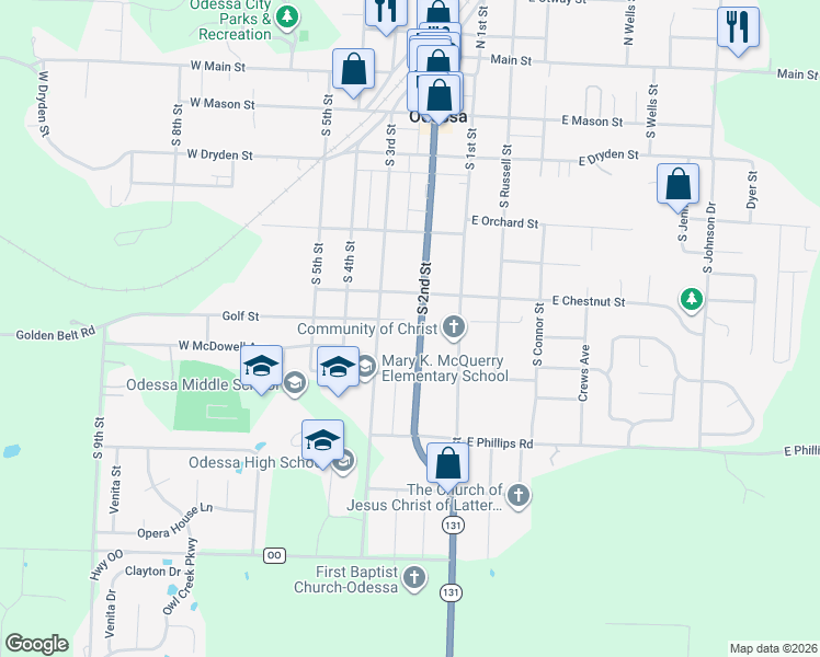 map of restaurants, bars, coffee shops, grocery stores, and more near 516 South 2nd Street in Odessa