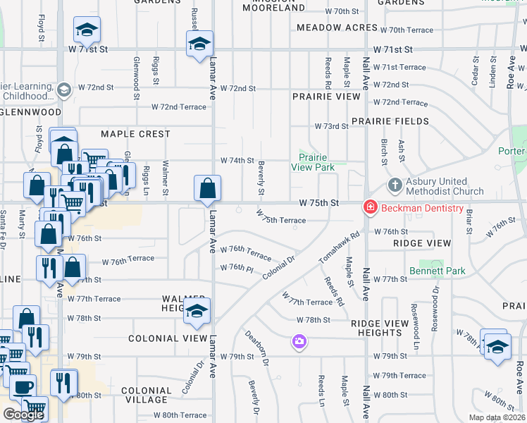 map of restaurants, bars, coffee shops, grocery stores, and more near 6023 West 75th Terrace in Prairie Village