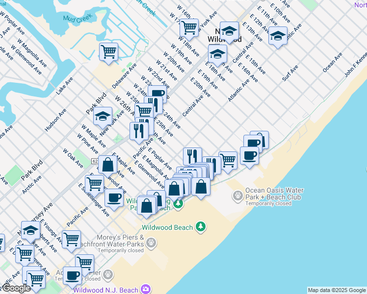 map of restaurants, bars, coffee shops, grocery stores, and more near 2501 Atlantic Avenue in North Wildwood