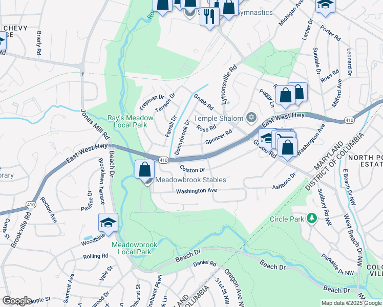 map of restaurants, bars, coffee shops, grocery stores, and more near 2707 East-West Highway in Chevy Chase