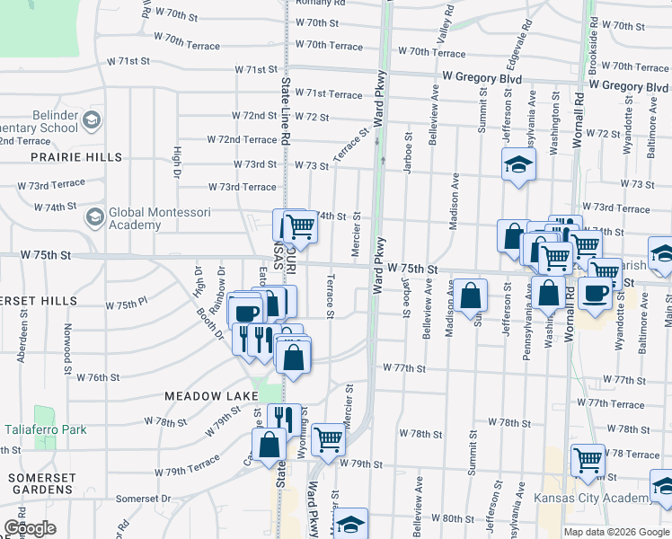map of restaurants, bars, coffee shops, grocery stores, and more near 1229 West 75th Street in Kansas City