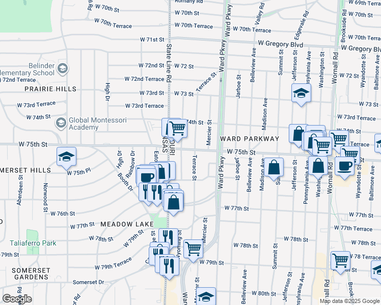 map of restaurants, bars, coffee shops, grocery stores, and more near 7517 Wyoming Street in Kansas City