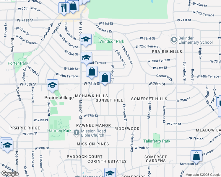 map of restaurants, bars, coffee shops, grocery stores, and more near 7517 Reinhardt Street in Prairie Village