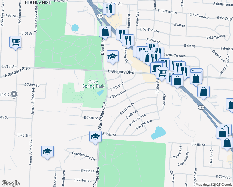 map of restaurants, bars, coffee shops, grocery stores, and more near 8808 East 72nd Terrace in Raytown