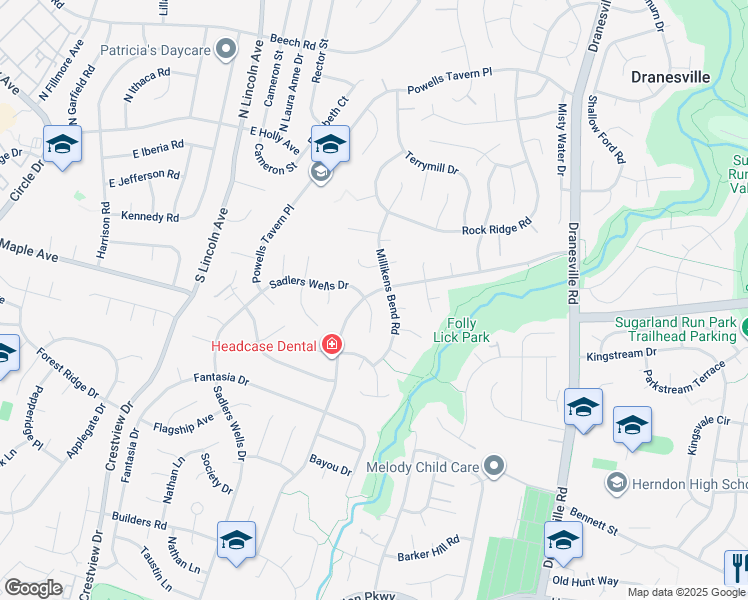 map of restaurants, bars, coffee shops, grocery stores, and more near 1414 Sadlers Wells Drive in Herndon