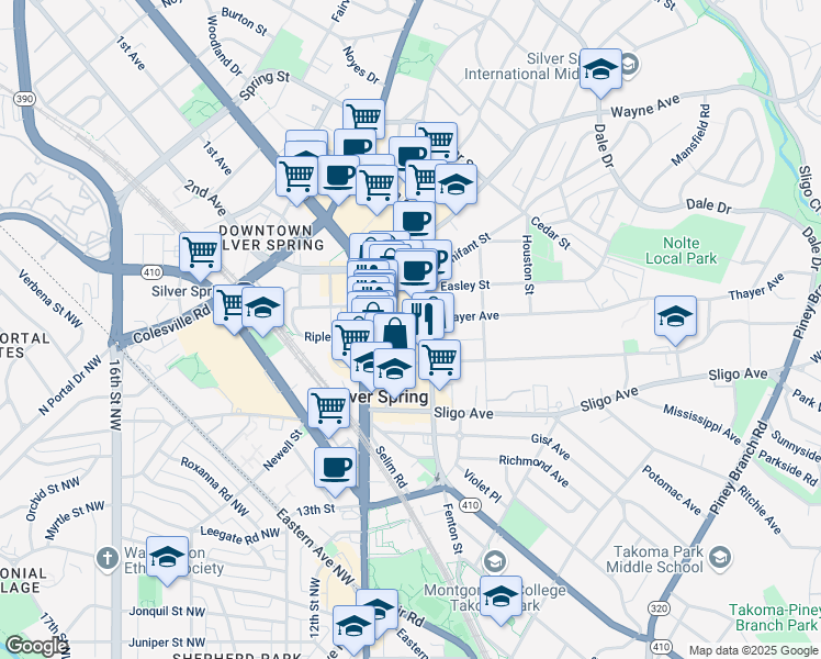 map of restaurants, bars, coffee shops, grocery stores, and more near 906 Thayer Avenue in Silver Spring