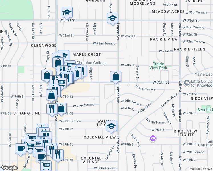 map of restaurants, bars, coffee shops, grocery stores, and more near 6313 West 75th Street in Overland Park