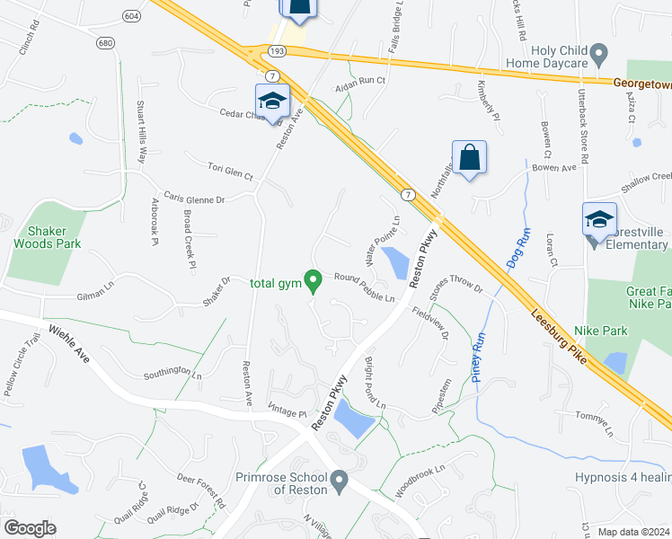 map of restaurants, bars, coffee shops, grocery stores, and more near 1133 Round Pebble Lane in Reston
