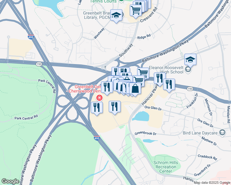 map of restaurants, bars, coffee shops, grocery stores, and more near 7429 Greenbelt Road in Greenbelt