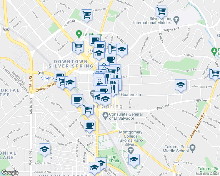 map of restaurants, bars, coffee shops, grocery stores, and more near 908 Thayer Avenue in Silver Spring