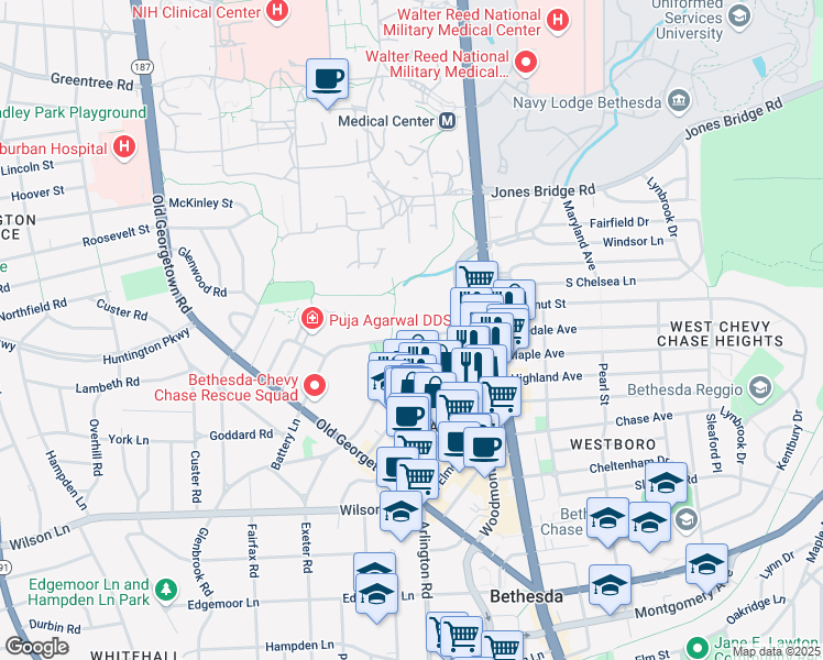 map of restaurants, bars, coffee shops, grocery stores, and more near 4909 Battery Lane in Bethesda