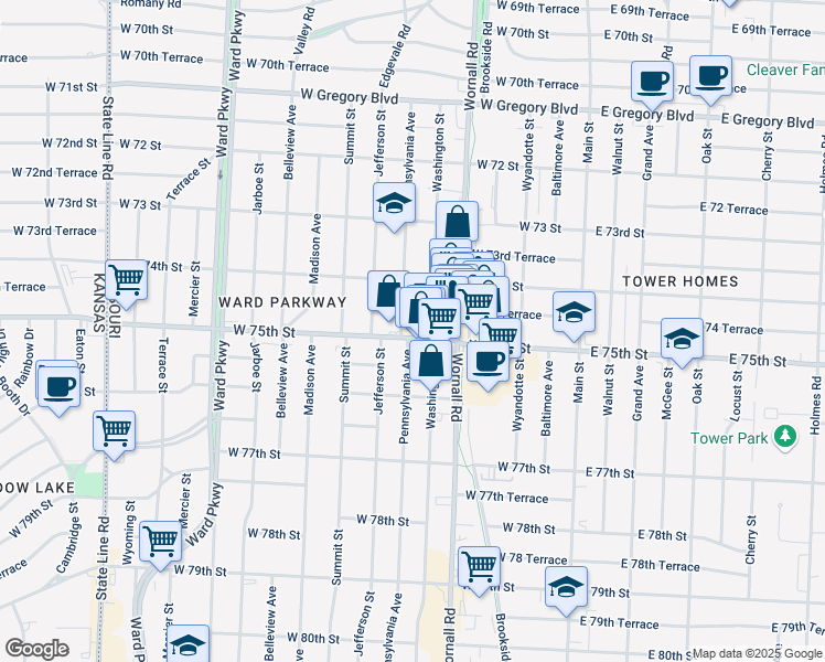 map of restaurants, bars, coffee shops, grocery stores, and more near 520W West 75th Street in Kansas City