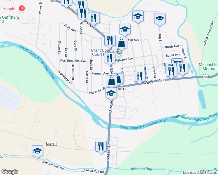 map of restaurants, bars, coffee shops, grocery stores, and more near 9 Water Street in Petersburg