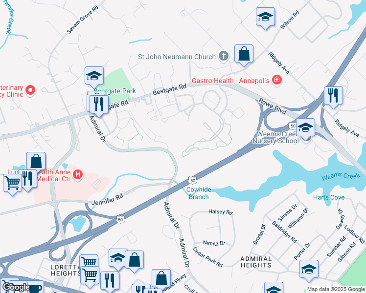 map of restaurants, bars, coffee shops, grocery stores, and more near 2026 Governor Thomas Bladen Way in Annapolis