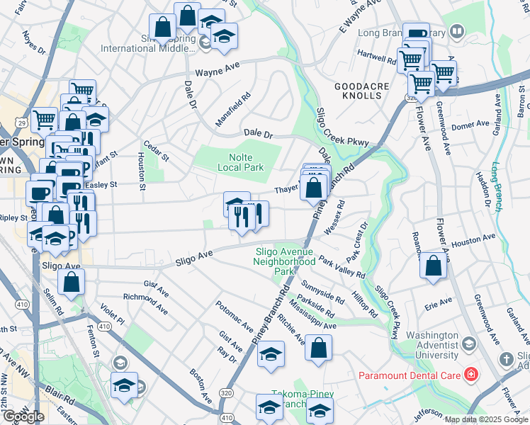 map of restaurants, bars, coffee shops, grocery stores, and more near 508 Silver Spring Avenue in Silver Spring