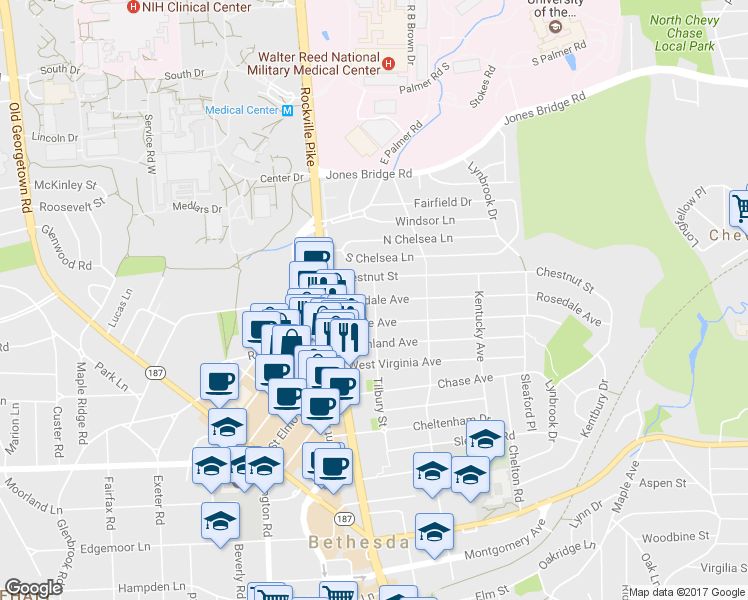 map of restaurants, bars, coffee shops, grocery stores, and more near Rosedale Ave & Tilbury St in Chevy Chase