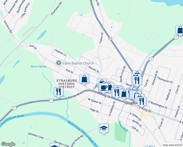 map of restaurants, bars, coffee shops, grocery stores, and more near 372 Branch Street in Strasburg