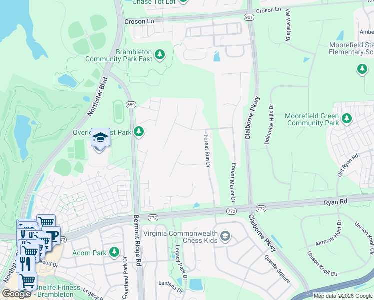 map of restaurants, bars, coffee shops, grocery stores, and more near 22570 Forest View Court in Ashburn