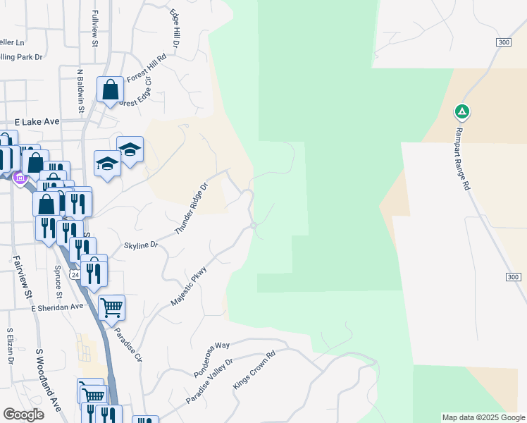 map of restaurants, bars, coffee shops, grocery stores, and more near 1115 Highlands Ct in Woodland Park