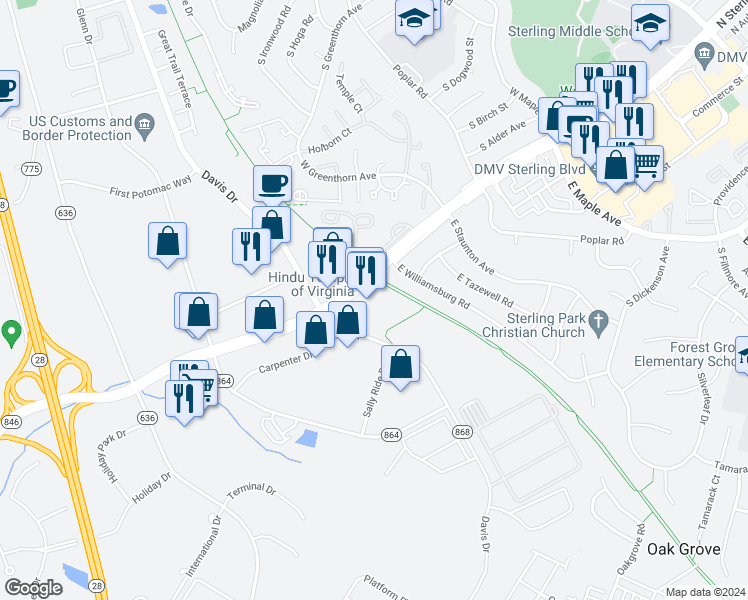 map of restaurants, bars, coffee shops, grocery stores, and more near 22510 South Sterling Boulevard in Sterling