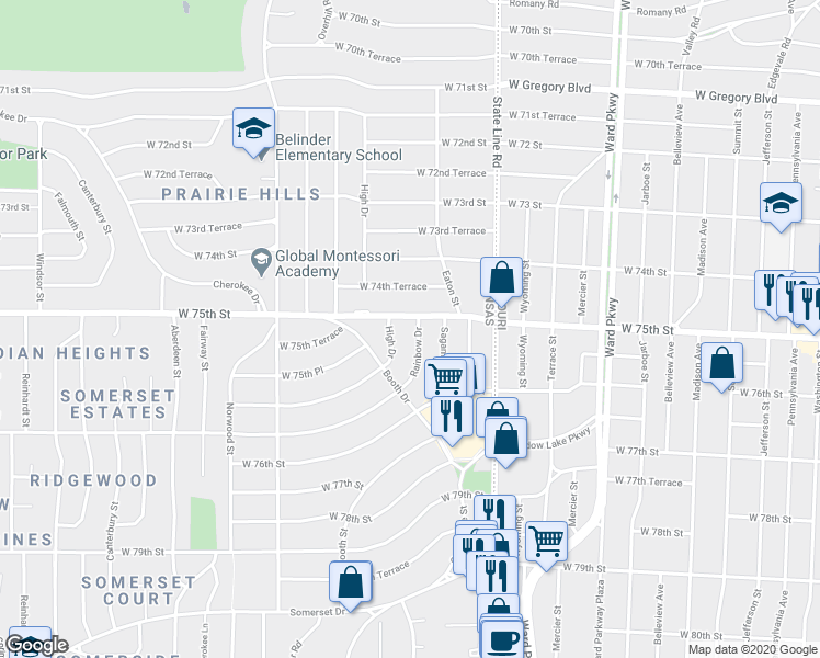 map of restaurants, bars, coffee shops, grocery stores, and more near 7506 Rainbow Drive in Prairie Village
