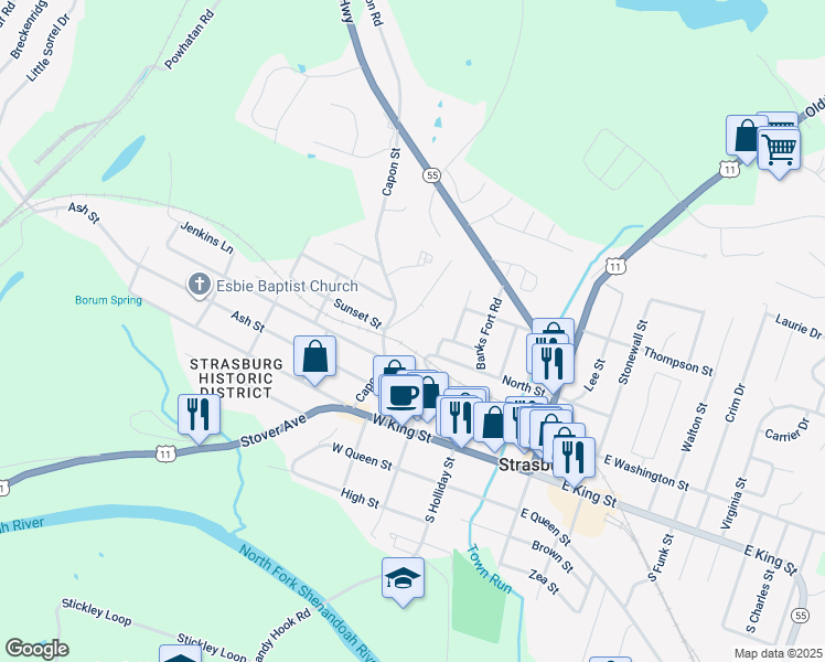 map of restaurants, bars, coffee shops, grocery stores, and more near 462 Colley Block Road in Strasburg