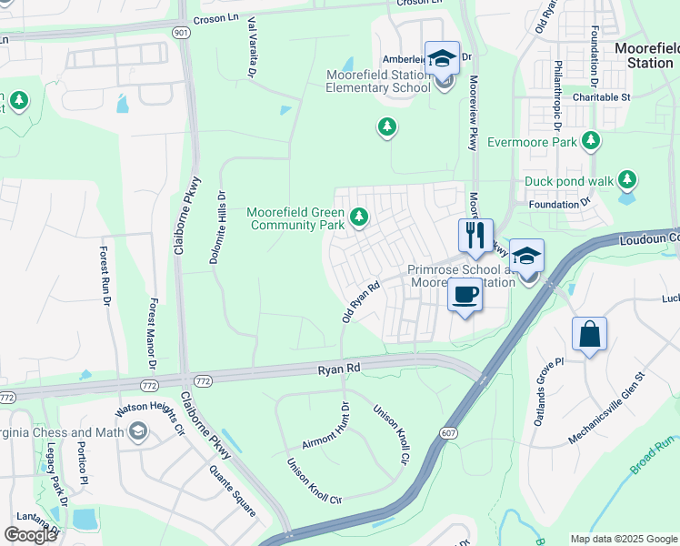 map of restaurants, bars, coffee shops, grocery stores, and more near 22522 Bowens Wharf Place in Ashburn
