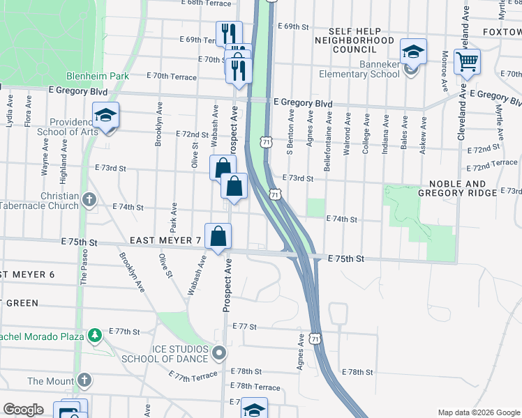 map of restaurants, bars, coffee shops, grocery stores, and more near 2708 East 74th Street in Kansas City
