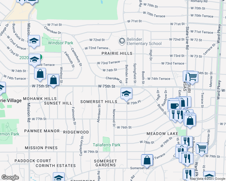 map of restaurants, bars, coffee shops, grocery stores, and more near 2821 West 75th Street in Prairie Village