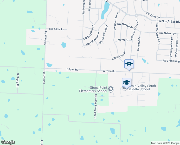 map of restaurants, bars, coffee shops, grocery stores, and more near 1112 East Ryan Road in Grain Valley