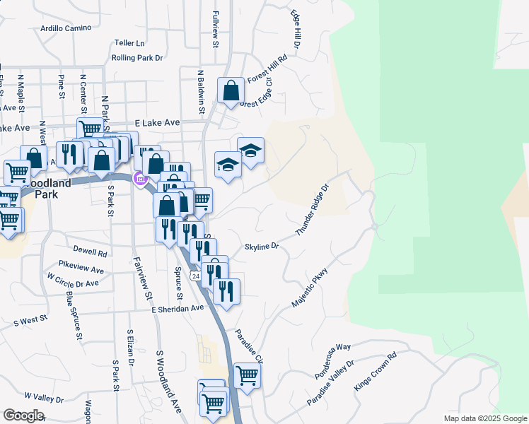 map of restaurants, bars, coffee shops, grocery stores, and more near 600 Red Buffalo Grove in Woodland Park