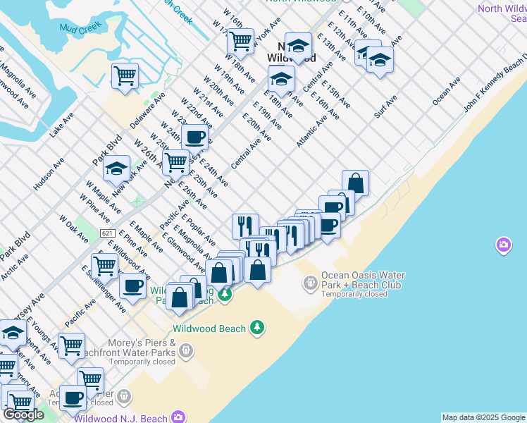 map of restaurants, bars, coffee shops, grocery stores, and more near 317 East 24th Avenue in North Wildwood