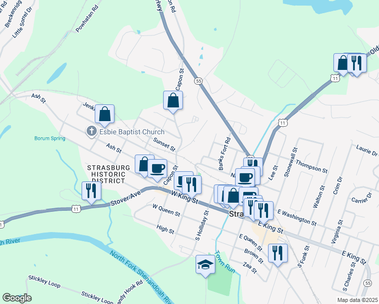 map of restaurants, bars, coffee shops, grocery stores, and more near 462 Colley Block Road in Strasburg