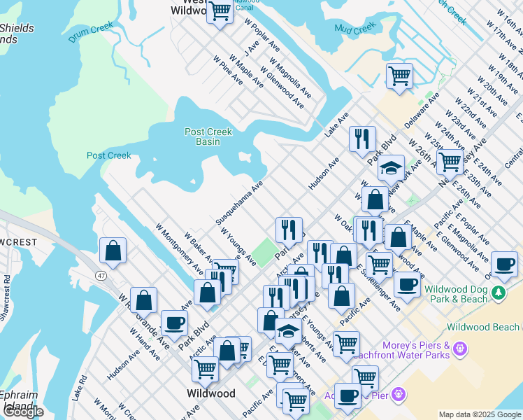 map of restaurants, bars, coffee shops, grocery stores, and more near 418 West Garfield Avenue in Wildwood