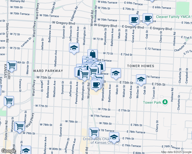 map of restaurants, bars, coffee shops, grocery stores, and more near 222 West 75th Street in Kansas City